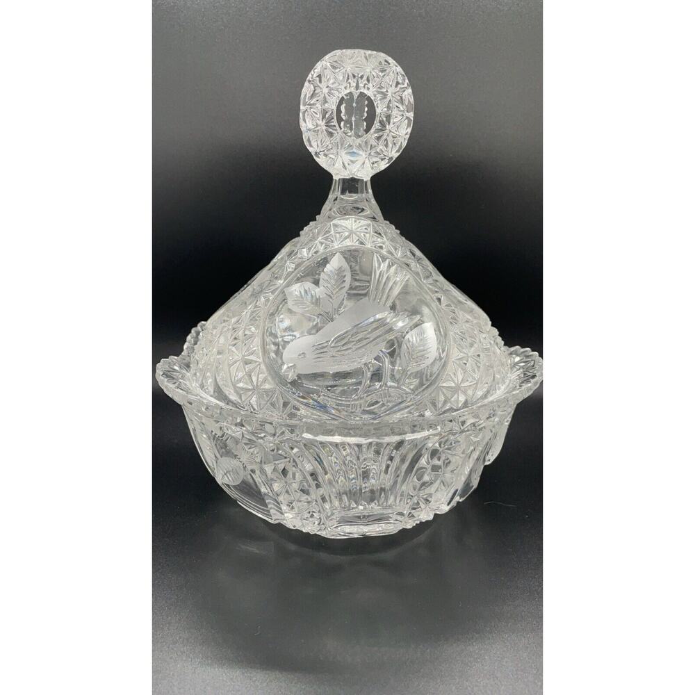 HOFBAUER BYRDES CRYSTAL CUT Glass ETCHED BIRDS 10" CANDY DISH FOOTED LID VINTAGE